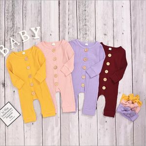 Baby Girls Clothes Infant Solid Buttons Rompers Headband Newborn Long Sleeve Jumpsuits Cotton Bodysuits Pants Onesies Climb Clothes B6483