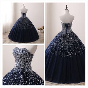 Fantastisk navy blå prom klänning boll klänning tulle med pärlor paljetter spets-up back afton klänning riktiga bilder
