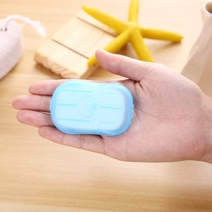 20 pz / scatola portatile mini sapone da viaggio carta lavaggio a mano bagno pulito profumato fetta fogli monouso boxe sapone sapone in disinfettante carta sapone epacket