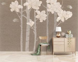 カスタム任意のサイズ3D壁紙ビンテージノルディック抽象的な木の手描きモクレンフラワーリビングルームベッドルーム壁面コーティングHD壁紙
