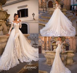 Abiti da sposa a sirena 2020 con strascico staccabile sulla spalla Bottone posteriore Abito da sposa a maniche lunghe Abito da sposa su misura Plus Size