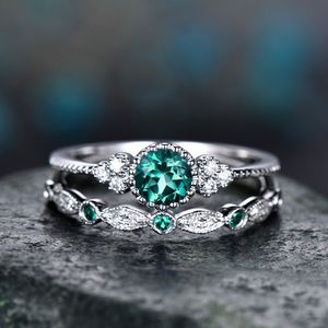 Womens Fashion Gift High Quality Silver Plated Green Blue Stone Ring Jewelry 2PCS  Set