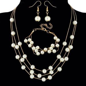 3Layers Imitation Pearl Jewelry Sets Multilayer Gold/Silver Plated Necklace Sets Bridal Wedding Necklace/Bracelet/Earrings Set