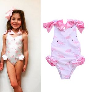 Baby girls swimwear flamingos tryckta barn baddräkt en bit söta tjejer båge beachwear bikini baddräkt simma barn kläder dhw2311