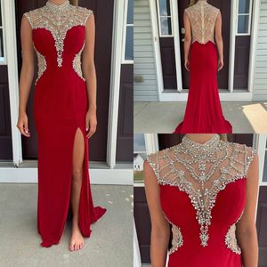 Wholesale beaded rhinestone crystal prom dresses for sale - Group buy 2020 Red Beaded Prom Dresses High Neck Rhinestone Crystal Side Split Long Evening Dress Party Wear Custom Made Formal Occasion Gowns