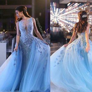 السماء دبي العربية الأزرق 3D فساتين الأزهار الشفافة الرقبة يدويًا زهرة حفلة زياد ناكاد فستان رسمي لباس المساء