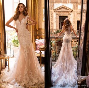 Lussanobridal Champagne Wedding Dresses 2020 V Neck Illusion Bridal Gown Covered Button Back Plus Size Boho Mermaid Wedding Dress Custom