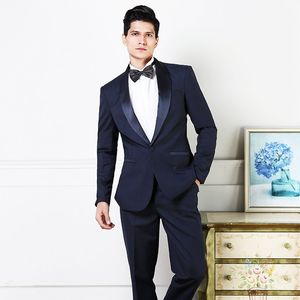 Classic Style One Button Navy Blue Groom Tuxedos Shawl Lapel Men Suits Wedding/Prom/Dinner Best Man Blazer (Jacket+Pants+Tie) W252