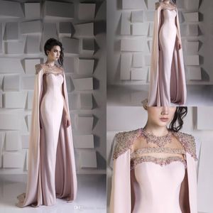 Mermaid Beaded Evening Dresses with Cape Pink Sweetheart Neckline Crystal Women Prom Gowns Plus Size Formal Dress