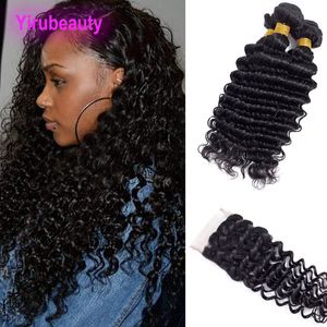 Peruvian Virgin Hair Deep Curly Wave Hair Extensions Bunds med 4x4 spetsstängning Deep Wave Natural Color 4st