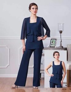 Navy Blue Chiffon Mother Of The Bride Pants Suits Square Neckline Dresses Party Evening For Wedding Mothers Guest Dress