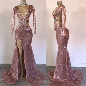 Rose Gold Sparkly Sequined Mermaid Prom Dresses Deep V Neck Split Side Plus Size Evening Gowns Backless Party Dress