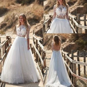 A Line Maisonsignore Dresses Long Sleeve Tulle Lace Applique Ruched Sash Backless Wedding Gown Sweep Train robe de mariée