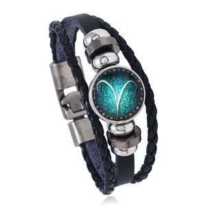 Partihandel-Classic Tolv Constellation Charm Horoskop Armband Läderarmband Punk Smycken Snap Button ChangAble Model No. NE942-2