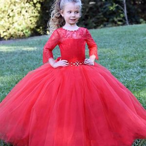 Красные кружевные принцесса девушки Pageant платье с длинным рукавом кристаллы ремень шарикового платья малыша день рождения вечеринка вечерние платья детские выпускные платья на заказ