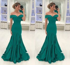 2019 Nuovo designer Aqua Blue Mermaid Prom Dresses Modern Off The Shoulder Abiti da festa Aperto sul retro Abito da sera per ragazze Ruffles Sweep Train Wear