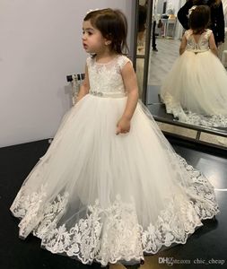 Sheer Neck Lace Flower Girl Dresses Pearls Crystals Little Girl Wedding Dresses Vintage Pageant Dresses Gowns2770