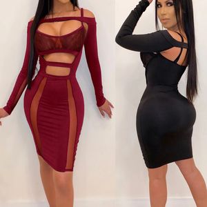 Sexy Elegant Women Girls Dresses Fashion Lady Nightclub Dresses Hollowing Out Long Sleeve Dress Female Clothes Robe Short Dress