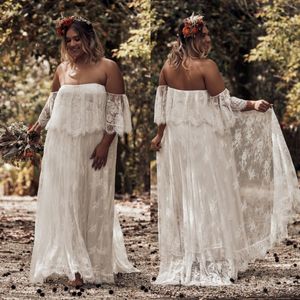 Mode bohemian plus size spets bröllopsklänningar från axeln korta ärmar strand brudklänningar en linje golvlängd boho vestido de novia 407