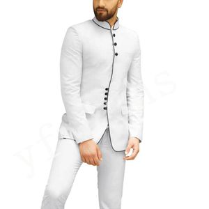 White Stand Collar Serge Groom Tuxedos Fashion Long Groomsmen Wedding Tuxedos Men Formal Blazer Prom Jacket Suit(Jacket+Pants+Tie) 337