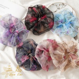 10 Kolory Elastyczne Kwiatowe Mesh Hairbands Girls Drukuj Koronki Scrunchies Ponytail Przezroczysty Tulle Akcesoria do włosów Liny do włosów M1682