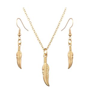 Mini Mini Colar Pingente de Penaria Dourado Color Prata Aço inoxidável Feather Brincho para mulheres Conjunto de jóias