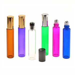 Rotolo di olio essenziale di vetro da 10 ml su bottiglie Bottiglia di profumo SINGOLA bottiglia a rullo con corpo a 6 colori Tappo a 3 colori