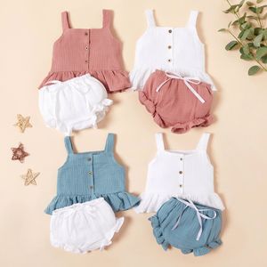 Summer INS Baby Girls Linen Clothing Set Kids Suspender Vest Ruffle Tops + Shorts 2pcs/set Outfits Boutique Child Cothes M1529