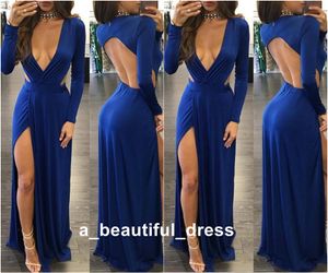 Primavera Prom Dress Sexy Azul do Deep V-neckless Backless Mulheres Sólidos drapeado manga comprida elegante Slit solto Evening vestidos ED1273