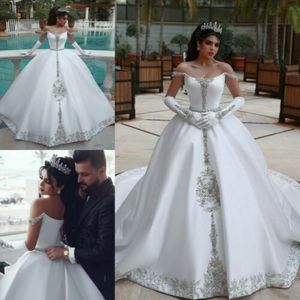 Dubai Saudiarabien Formell kyrka Bröllopsklänningar 2020 Lyxkristaller Off Sholder Long Satin Ball Gown Vestidos de Novia Plus Size Al4305