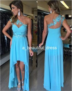 Newest One Shoulder Hi-low Evening Dresses Appliques Chiffon Blue Formal Evening Gowns Prom Party Dresses ED1176