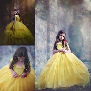 Prenses Sarı Bahçe Çiçekleri Kız Elbiseler Balo Dantel Şifon Gençler Pageant Elbise Çocuklar Örgün Parti Balo Abiye Elbiseler De Fête