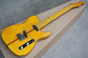 Factory custom Yellow Electric guitar with transparent pickguard, veneer, brown binding, providing customized as you request.