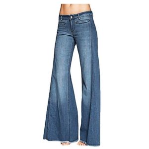 Calças senhoras destoryed Alargamento Jeans botão cintura Sino inferior calças jeans cintura alta Personalidade temperamento estilo solto de Mulheres