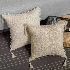 Square Village Hand Made Crocheted Tassel Pillow Case Cushion Cover 45 Cm Great Fashion Home Decoration White Ivory Embroidered