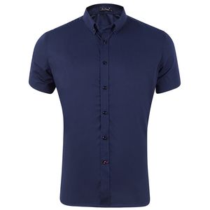 Navy Dress Shirts Men Short Sleeve Slim Fit Solid Button Down Shirt Male Casual Easy Care Shirt For Business Men GD26