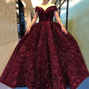 Luxury Bling Sequins Satin Wedding Dress Ball Klänning utanför axelkorsetten Tillbaka Arabiska Sydafrikanska Party Dress Bridal Ball Crows