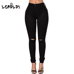 Lordlds Kadın Kot Sıska Ince 2019 Femme Siyah Kalem Kot Rahat Yıkama Diz Delik Yırtık Kot Pantolon