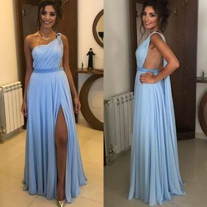 Abiti da sera monospalla azzurri Sexy Back Side Split Chiffon A Line Women Prom Festeggia abiti economici