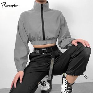 Rapcopter reflexivo reflexivo zíper womens jaqueta colarinho colarinho outono de manga longa harajuku senhoras casuais casuais