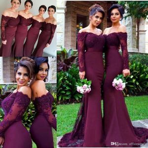 Cheap Bury Elegant Maroon Bridesmaid Dresses Mermaid Off Shoulder Long Sleeve Lace Beads Custom Made Bridesmaids Maid Of Honor Dress S