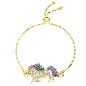Rhinestone Unicorn Charm Bracelets for Women Silver Gold Fashion Adjustable Diamond Horse Pendant with Box Chain Girl Lady Gift Bangle Jewelry Accessories