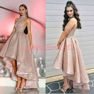 Sparkling Sequined High Low Afton Dresses High Neck Ärmlös Billiga 2019 Pagant Arabiska Party Ball Prom Gown Robe de Soiree Formell Gäst