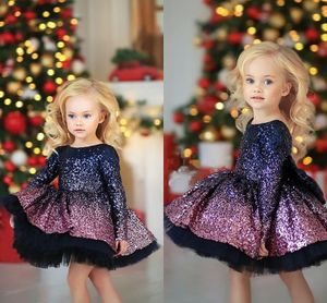 Tatlım Degrade Sequins Saten Gençler Parti Elbiseler Küçük Kızlar Pageant Elbise Uzun Kollu Balo Çiçek Kız Elbise Toddler Akşam elbise