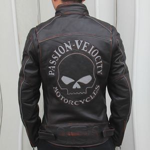 Rotbrauner Rand mit Totenkopfkopf, Motorradjacke aus echtem Leder, reflektierende Nacht-Street-Fashion-Außenstehkragen-Herren-Rennjacke