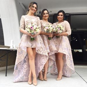 Country Style Pink Full Lace Bridesmaid Dresses Sexy Wedding Guest Dress High Low Length Half Sleeves Plus Size Formal Maid Of Honor Gown