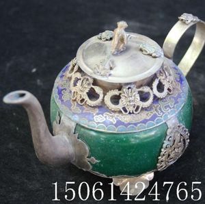 china Oriental Vintage Handwork Cloisonne Painting Flower green jade Teapot