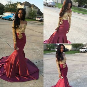 Elegant Burgundy Mermaid Evening Dresses South African Formal Off The Shoulder Gold Applique Lace Prom Dress Long Sleeve Taffeta Cheap 201