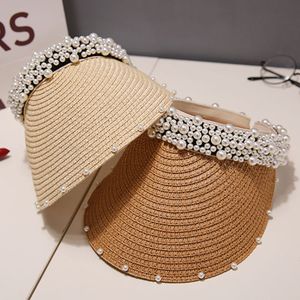 Personality Handmade Pearl Women Hats Summer Outdoor Sun Protection Hat Fashion Sun Wide Brim Hats for Ladies