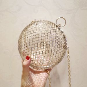 Moda Metal Circular Bidal Hand Bags Escavado Embreagens Transparentes Para Jóias De Casamento Prom Noite Party Ombro Sacola Esférica